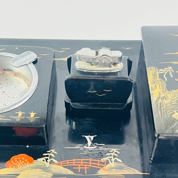 Vintage Aizu Japanese Lacquered Smoking Set With Lighter & Ashtray - Picture 3 of 9